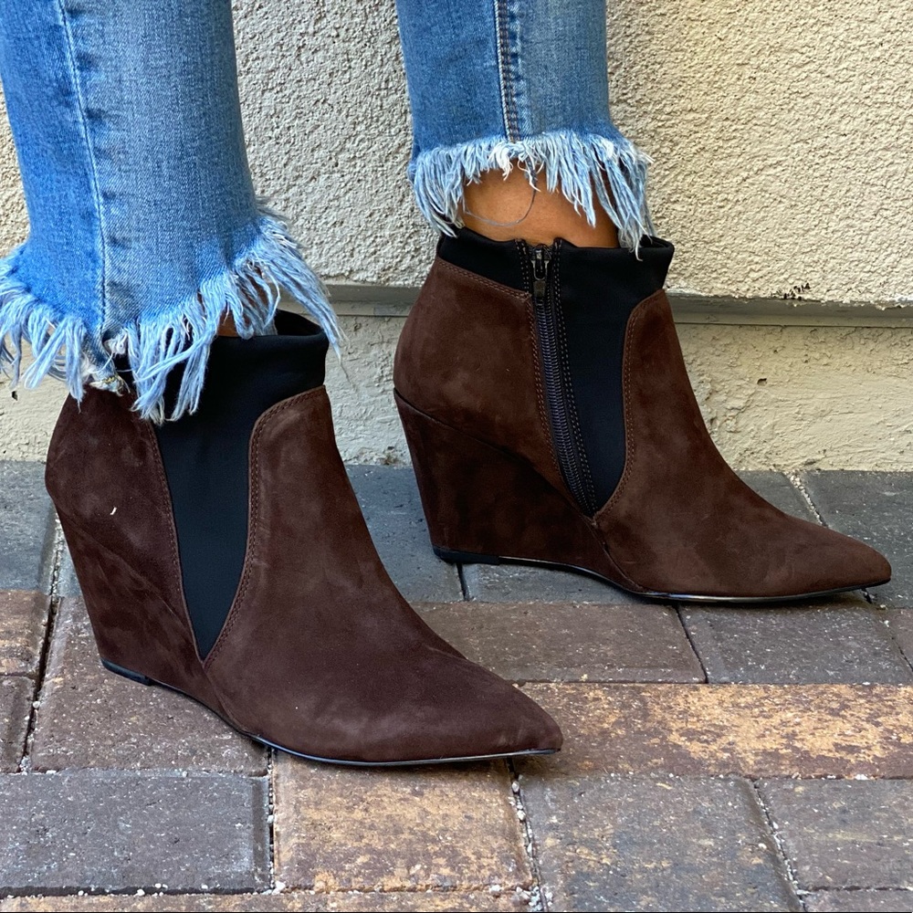 Brown Genuine Suede Chelsea Pointy Toe Wedge Boots